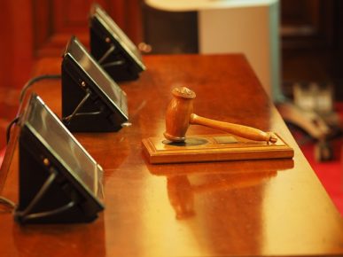 Gavel and table in court