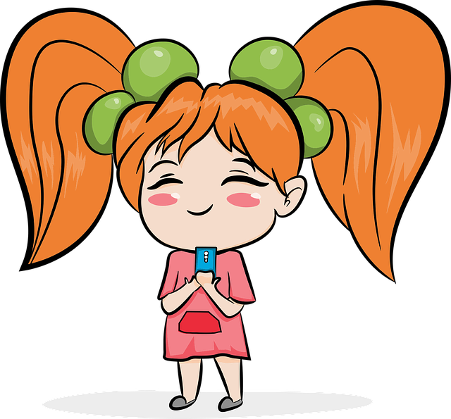 Small girl with pigtails and phone smiling.