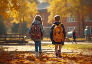 Two young students walking away, ai generated, in fall