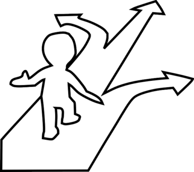 Graphic of figure walking on arrow with 3 directions