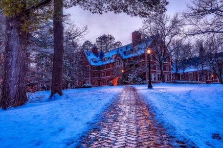 Brick school in the snow up hill