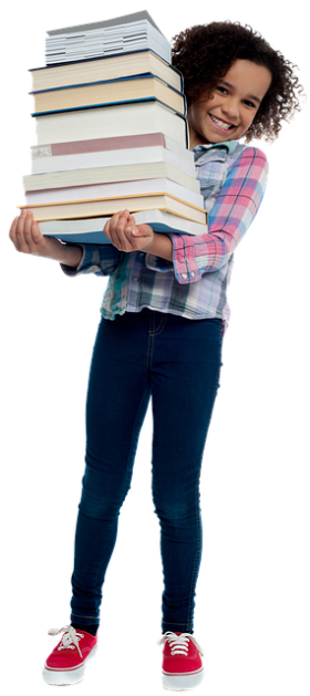Student with large stack of books