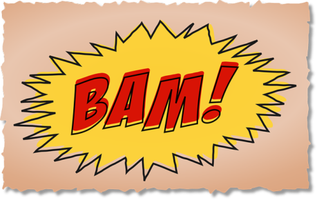 Word "Bam!" in red with yellow background