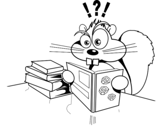 Graphic of squirrel reading book with question mark above head.