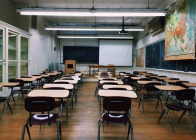 Classroom from the back, with rows or desks