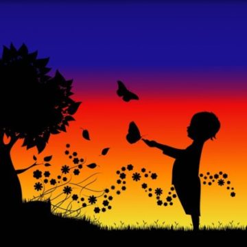 Young child graphic with butterflies and shall tree