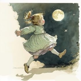 Drawing of young girl looking at moon