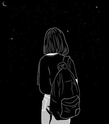 Black and white picture - vector graphic- of female student walking away with backpack