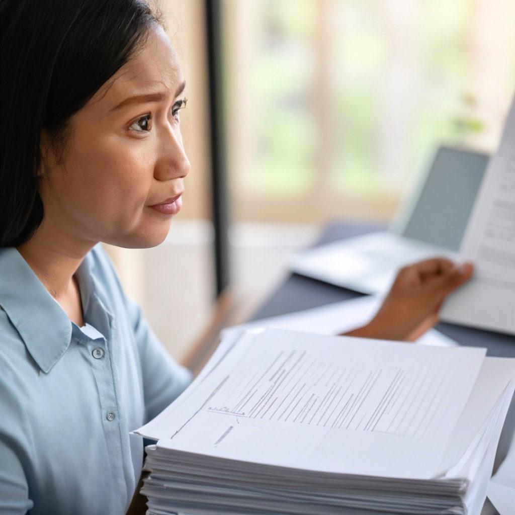 Female adult at desk with large stack of paper, expulsion 