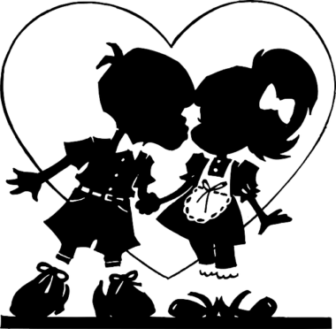 Boy and girl graphic in heart, boy trying to kiss girl