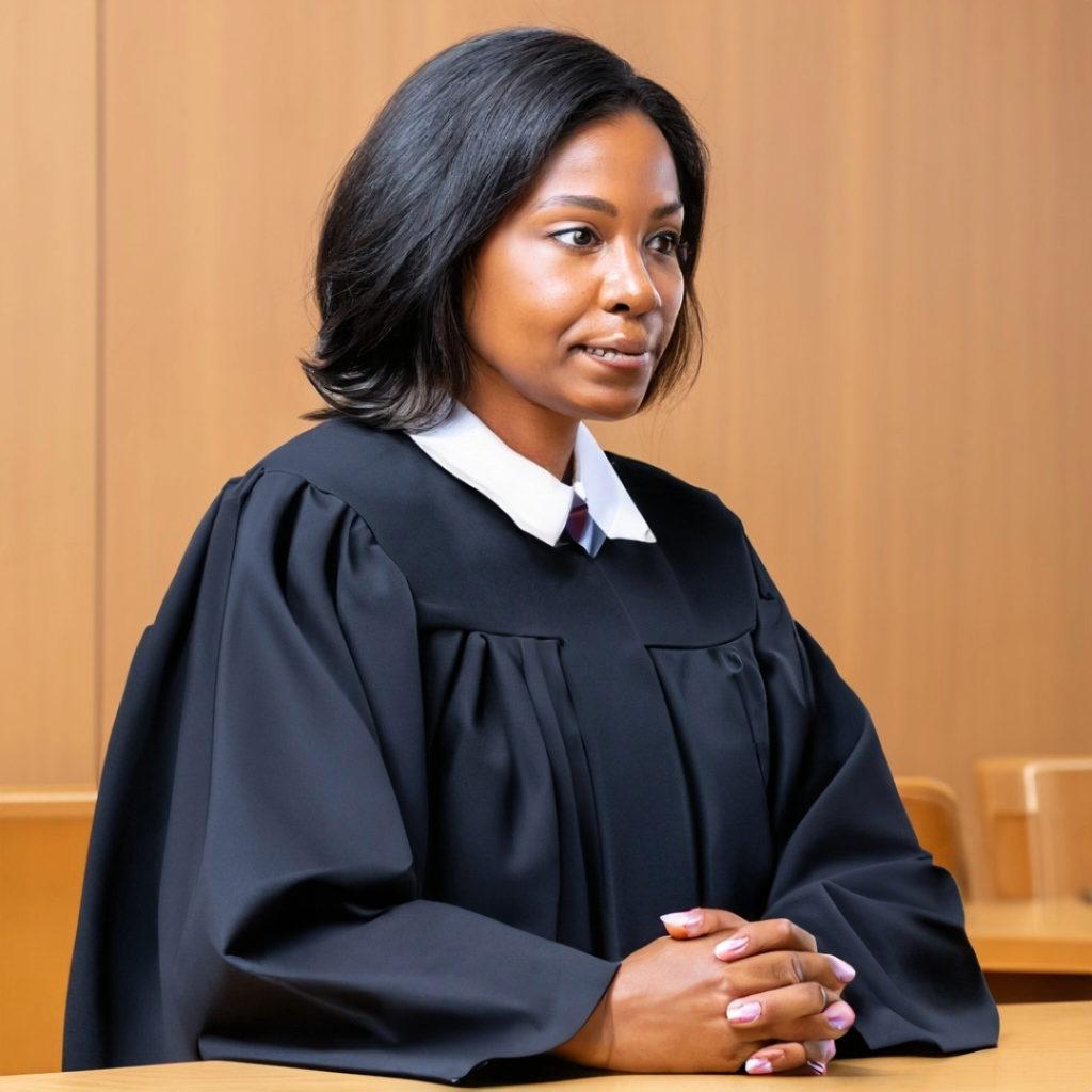 AI black female judge looking sideways, hands interlaced