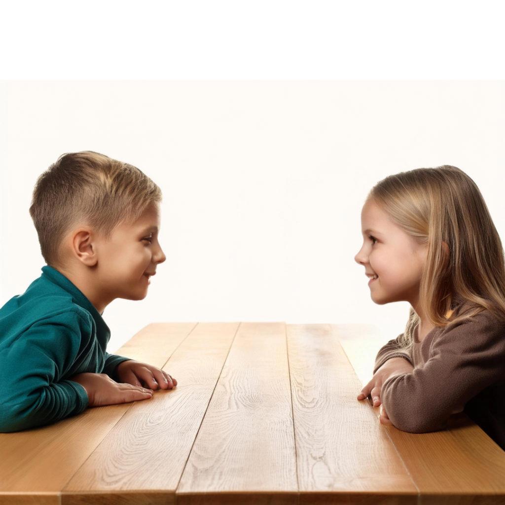 Two students staring and smiling at each other across a table.