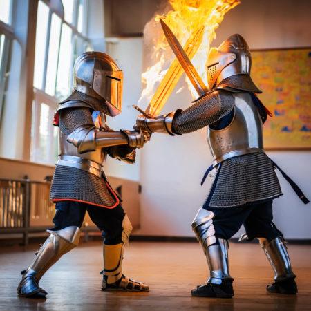 Students in armor battling with swords on fire in classroom