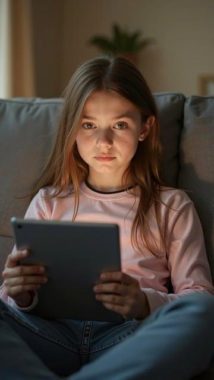 Tween holding tablet looking at camera, ai