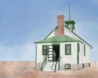 Drawing of old schoolhouse in a field, with white paint and green trim