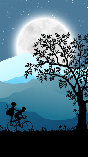 vector graphic of 2 kids riding a bike in silhouette with blue background, moon and tree