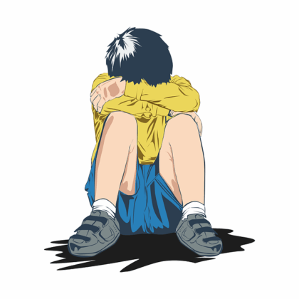 Kid crying, leaning head on knees